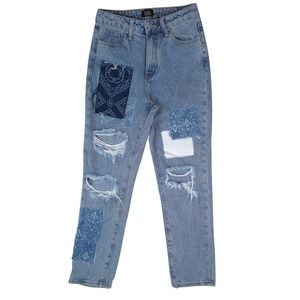 Simple Society Patchwork Jeans Women 1/25 Blue Bandana Distressed High Rise